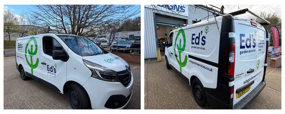 An image of the Ed's Garden vehicle graphics on a white van.